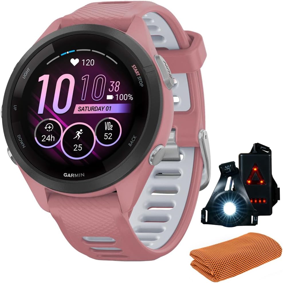 Garmin 010-02810-05 Forerunner 265S GPS Smartwatch, Light Pink/Whitestone | Official USA Partner Model | Bundle with Sport Towel + Deco Essentials Wearable Commuter Front & Rear Safety Light