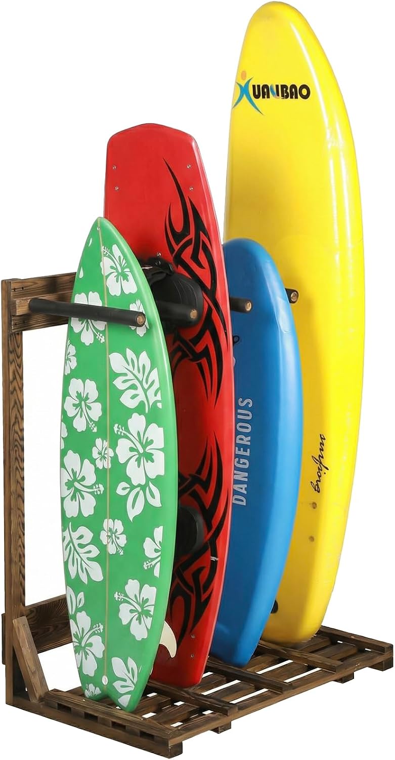 MyGift 4-Ft Tall Rustic Burnt Wood Freestanding Vertical Surfboard Rack, Wakeboard SUP Paddleboard Storage Rack - Holds up to 4 Boards