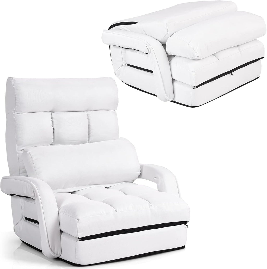 S AFSTAR Indoor Chaise Lounge Sofa, Folding Lazy Sofa Floor Chair with 6-Position Adjustable Backrest Lumbar Pillow, Folding Padded Lounger Bed with Armrests, Assembly-Free (White)