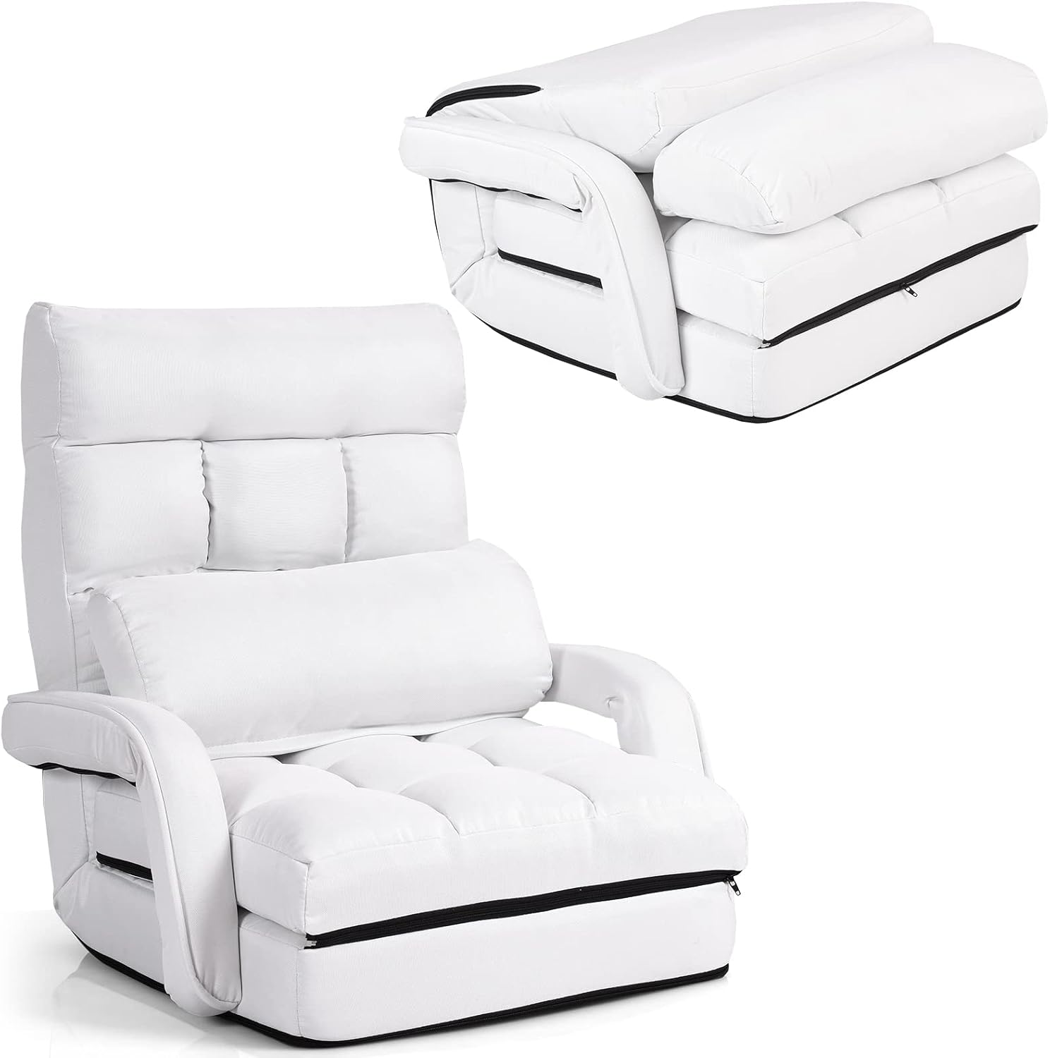 S AFSTAR Indoor Chaise Lounge Sofa, Folding Lazy Sofa Floor Chair with 6-Position Adjustable Backrest Lumbar Pillow, Folding Padded Lounger Bed with Armrests, Assembly-Free (White)