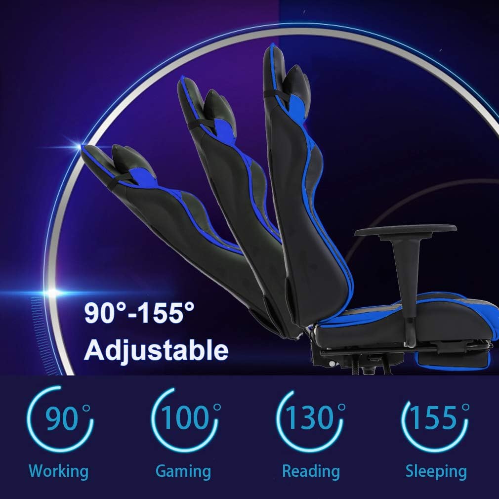 BestOffice | Ergonomic Gaming Chair | Blue | Reclining Computer Chair with Lumbar Support, Headrest Pillow, Adjustable Footrests | 360 Swivel with Heavy Duty Wheels | for Home & Office
