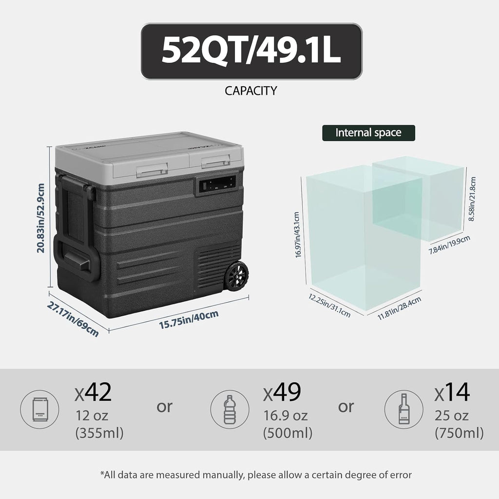 UD55 12V Car Refrigerator,Dual Zone Car Fridge with Wheels,52QT(49.1L) Electric Cooler Portable Freezer,12 Volt Refrigerator -4℉~68℉,12/24V DC 100-240V AC for Camping, Travel, Truck, RV