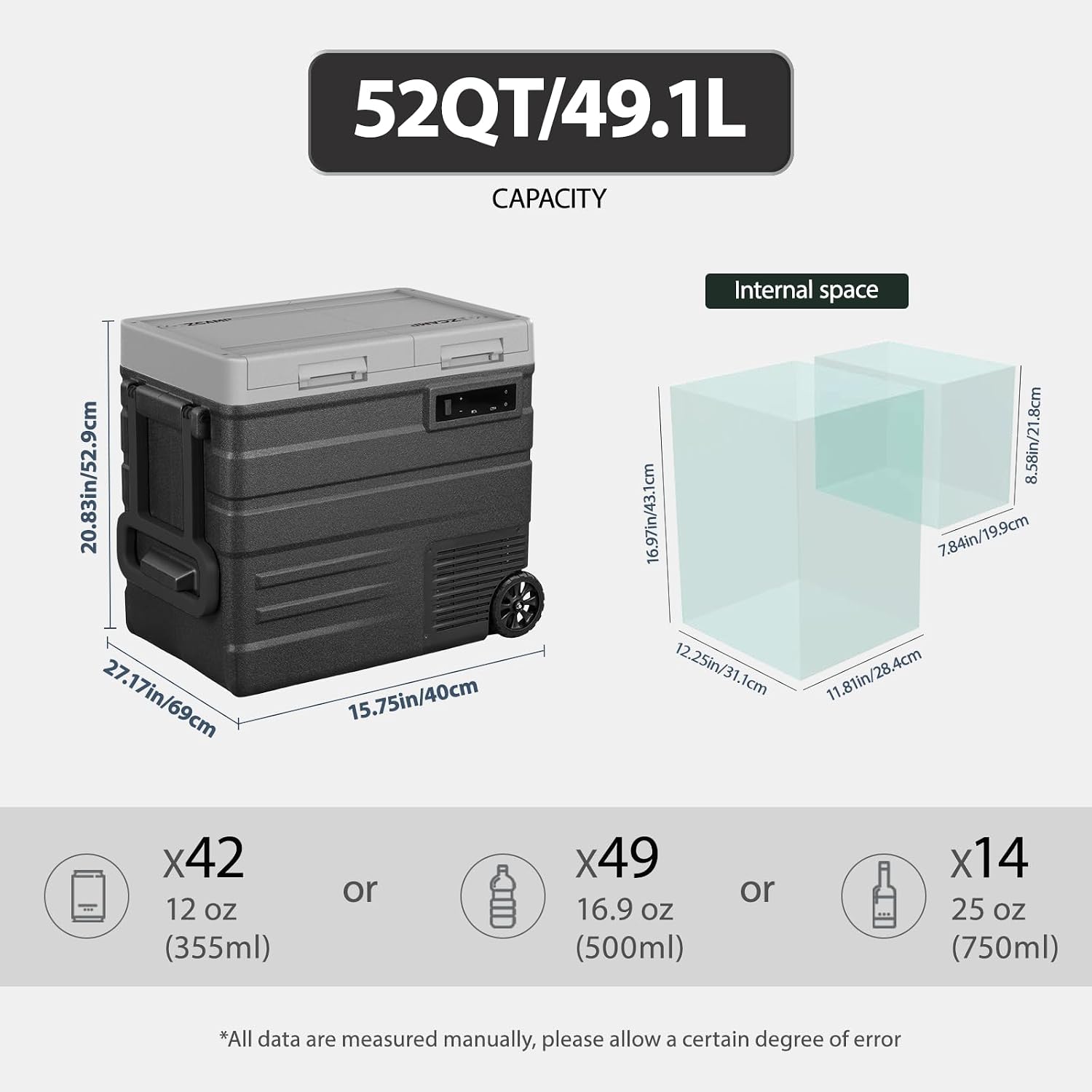 UD55 12V Car Refrigerator,Dual Zone Car Fridge with Wheels,52QT(49.1L) Electric Cooler Portable Freezer,12 Volt Refrigerator -4℉~68℉,12/24V DC 100-240V AC for Camping, Travel, Truck, RV
