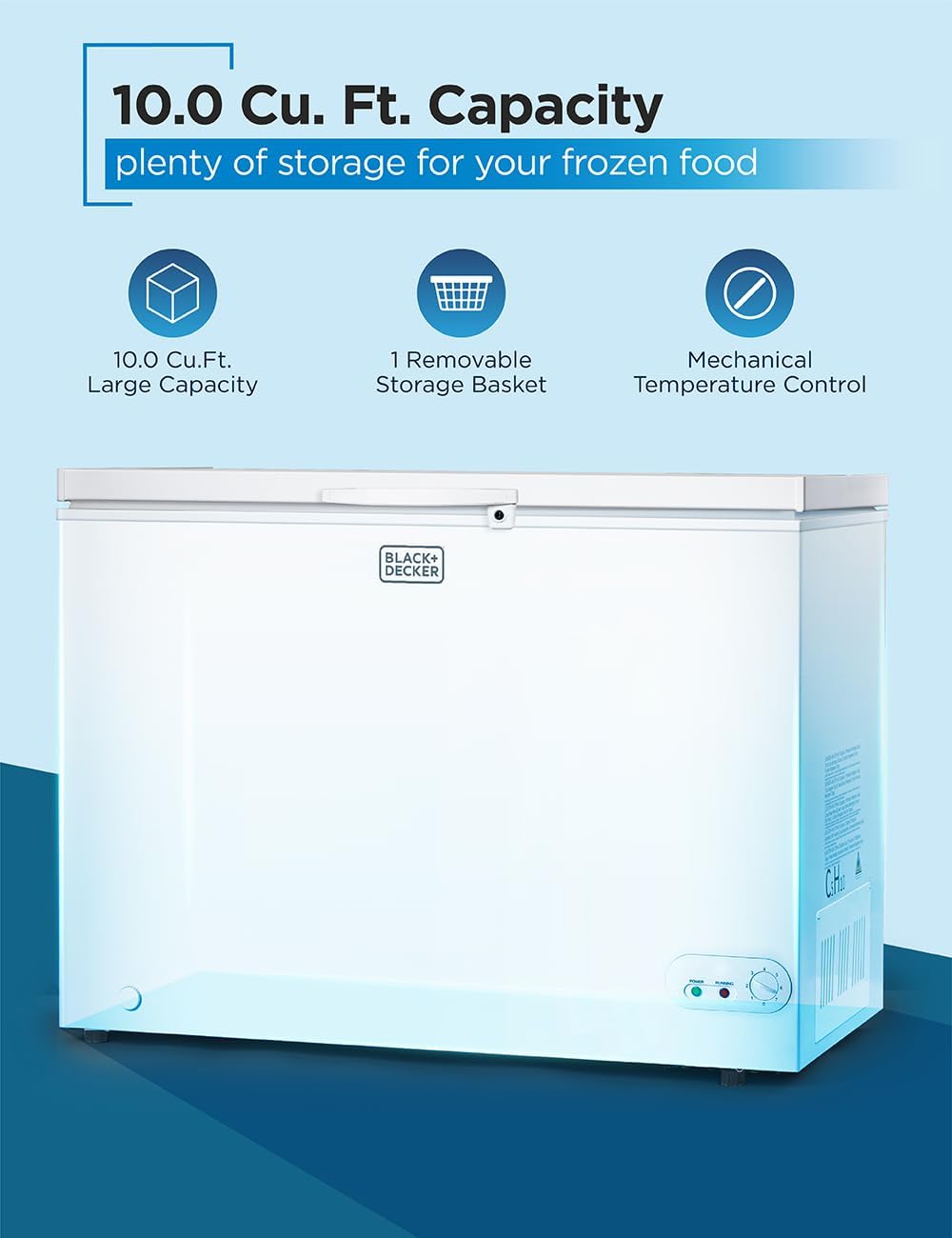 BLACK+DECKER 10 Cu. Ft. Chest Freezer, Deep Freezer with Top Opening, Freezer Chest with Removable Storage Basket, Mechanical Temperature Control, Manual Defrost, R600a Refrigerant, BCF1000E, White