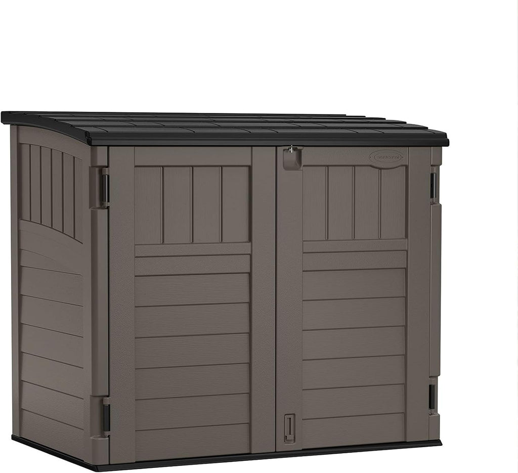 Suncast Modernist 4' x 2.5' Lockable Outdoor Garden Resin Low Profile Horizontal Storage Shed with 3 Doors, 34 Cubic Feet, Gray & 54 cu. ft Resin Vertical Lockable Storage Shed, Stoney, BMS5700SB