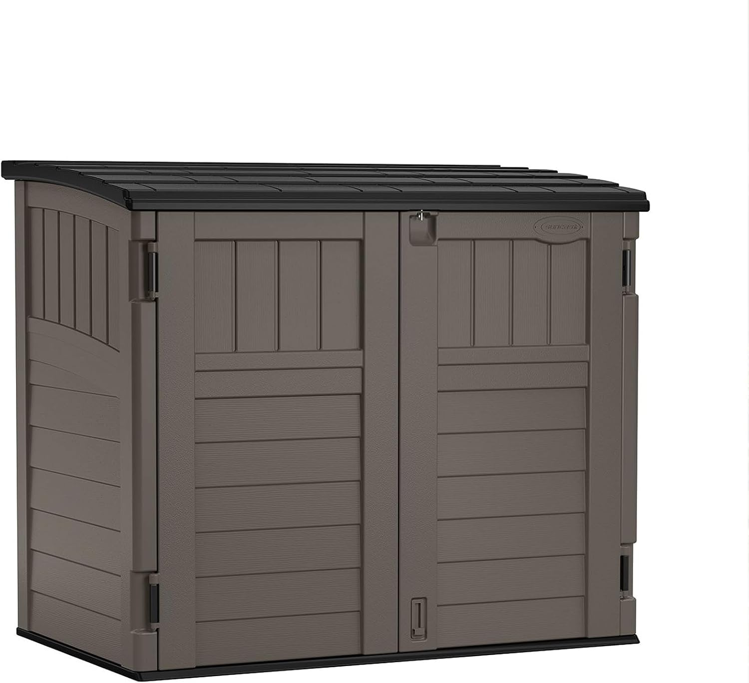 Suncast Modernist 4' x 2.5' Lockable Outdoor Garden Resin Low Profile Horizontal Storage Shed with 3 Doors, 34 Cubic Feet, Gray & 54 cu. ft Resin Vertical Lockable Storage Shed, Stoney, BMS5700SB