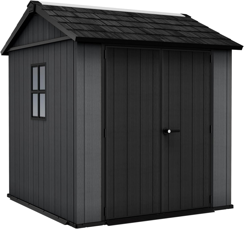 Keter Newton Plus 7.5x7 Ft All-Weather Storage Shed with Skylight, Window, Built-in Ventilation, Customizable Walls, & Lockable Double Doors, Graphite