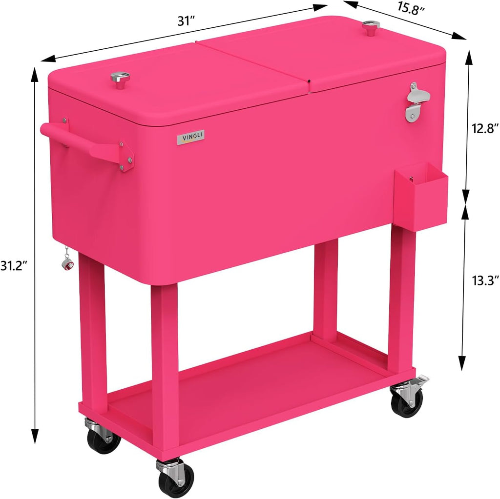 VINGLI Rolling Ice Chest, Portable Patio Party Bar Drink Cooler Cart, with Shelf, Beverage Pool with Bottle Opener