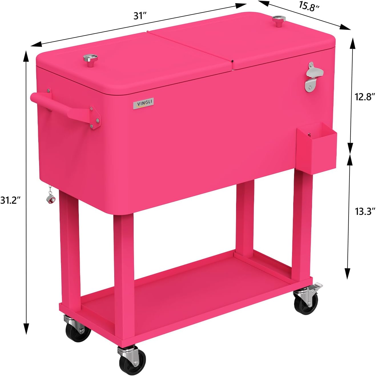 VINGLI Rolling Ice Chest, Portable Patio Party Bar Drink Cooler Cart, with Shelf, Beverage Pool with Bottle Opener