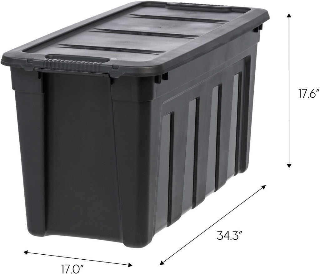 IRIS USA 31 Gallon Heavy Duty Storage Totes with Easy-Grip Handles, 4 Pack - Large Bins with Lids Garage Organizing Tubs, Durable Stackable Utility Containers, Made in USA - Black