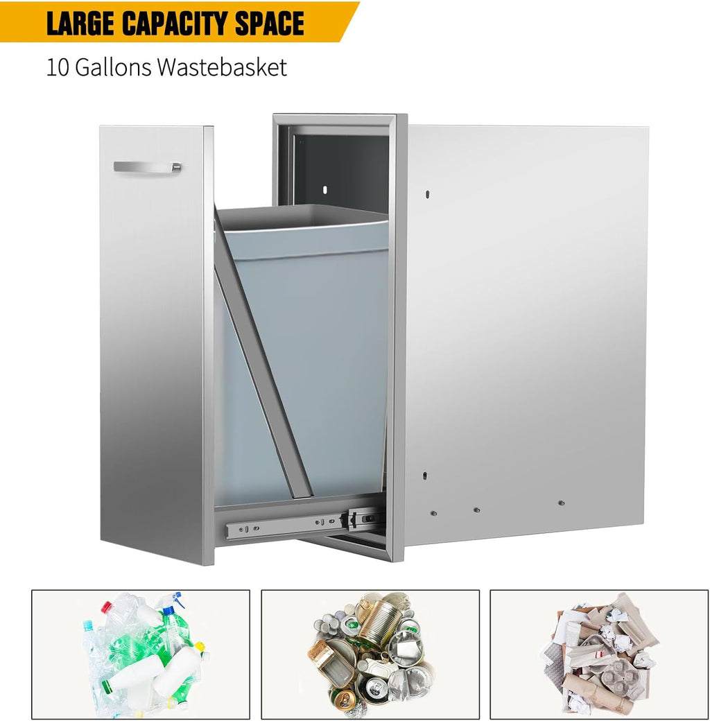 13.4''Wx25.7''Hx19.6''D Pull-Out Trash Drawer, Pull-Out Tray Outdoor Kitchen Stainless Steel Built-in Trash Bin for BBQ Island Grill Station