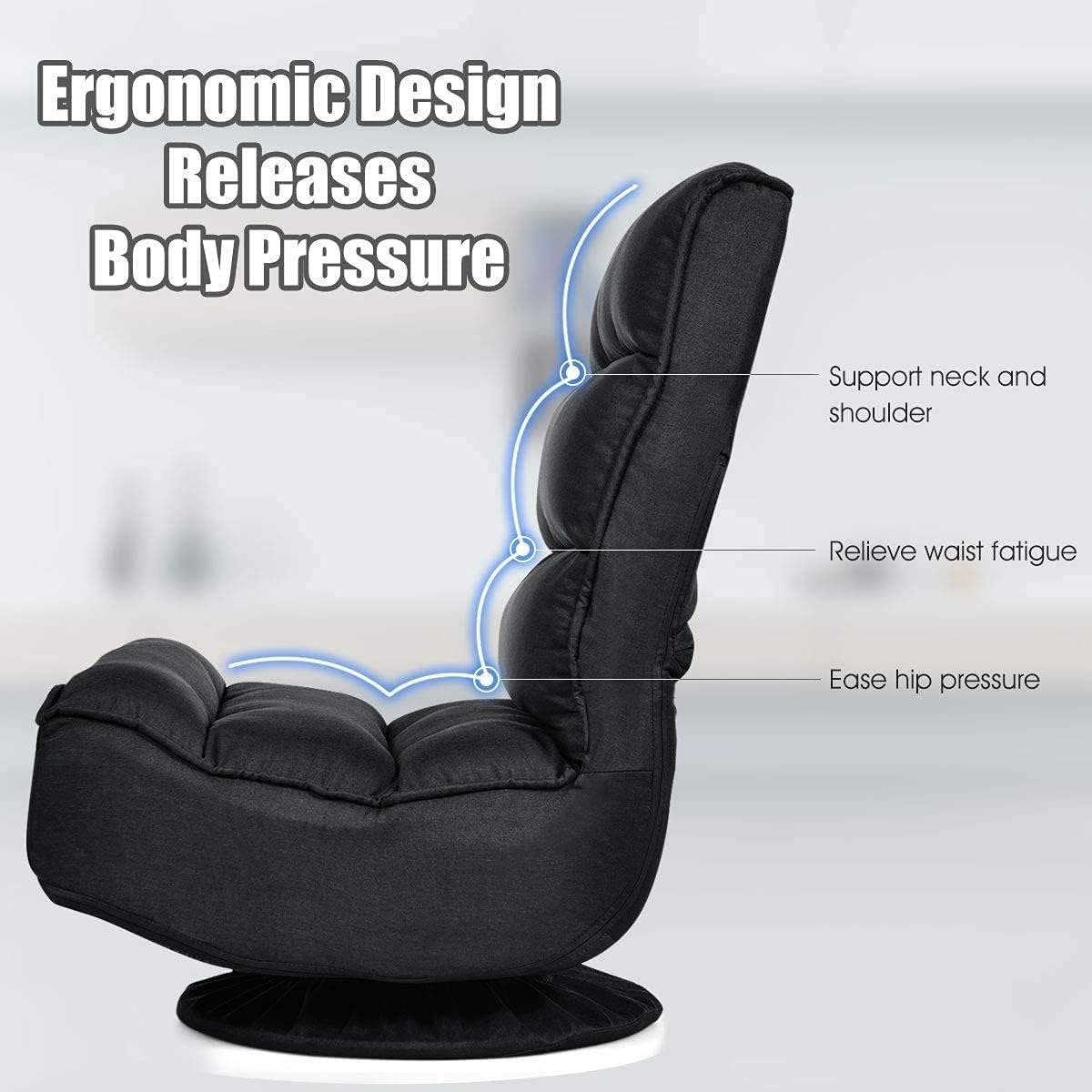FANTASK 360 Degree Swivel Floor Chair, Folding Floor Sofa w/ 5 Adjustable Positions & Backrest, Lazy Lounge Chair for Relaxing Reading Gaming TV Watching (Black)