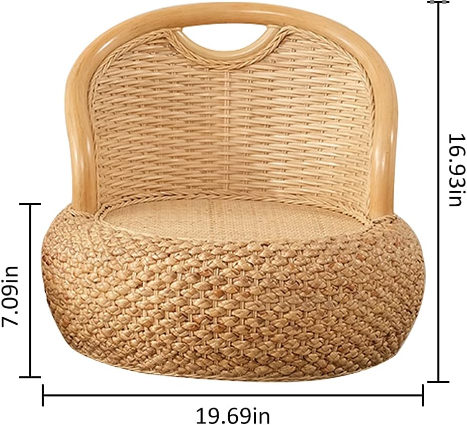 Round Rattan Floor Chair with Ergonomic Backrest - Lazy Chair Tatami Seat Meditation Futon for Home and Office Decoration (Light Brown)