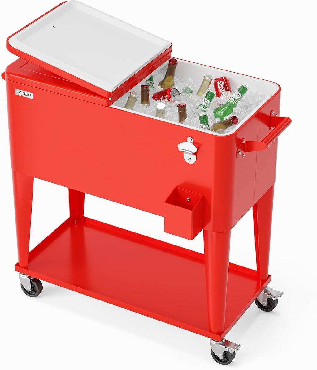VINGLI Rolling Ice Chest, Portable Patio Party Bar Drink Cooler Cart, with Shelf, Beverage Pool with Bottle Opener