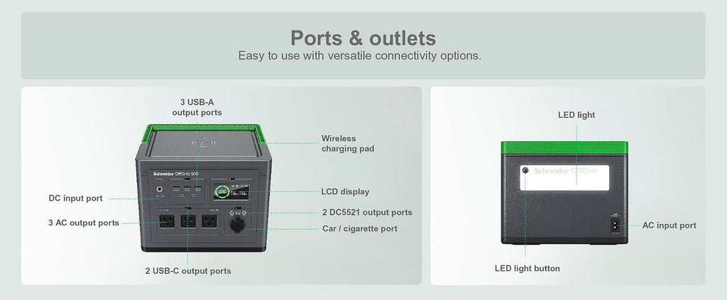 Schneider OffGrid 517Wh Portable Power Station, PPS500 Portable Solar Generator with Wireless Charging Pad, for Camping or Home