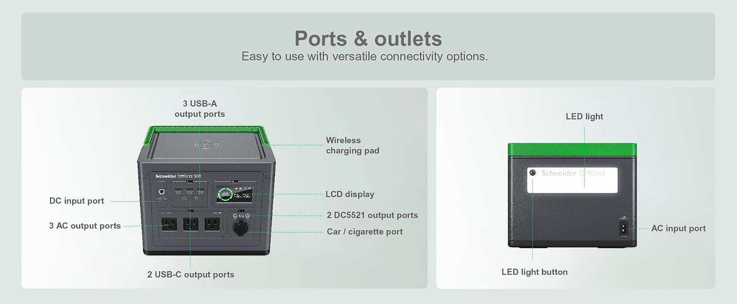 Schneider OffGrid 517Wh Portable Power Station, PPS500 Portable Solar Generator with Wireless Charging Pad, for Camping or Home