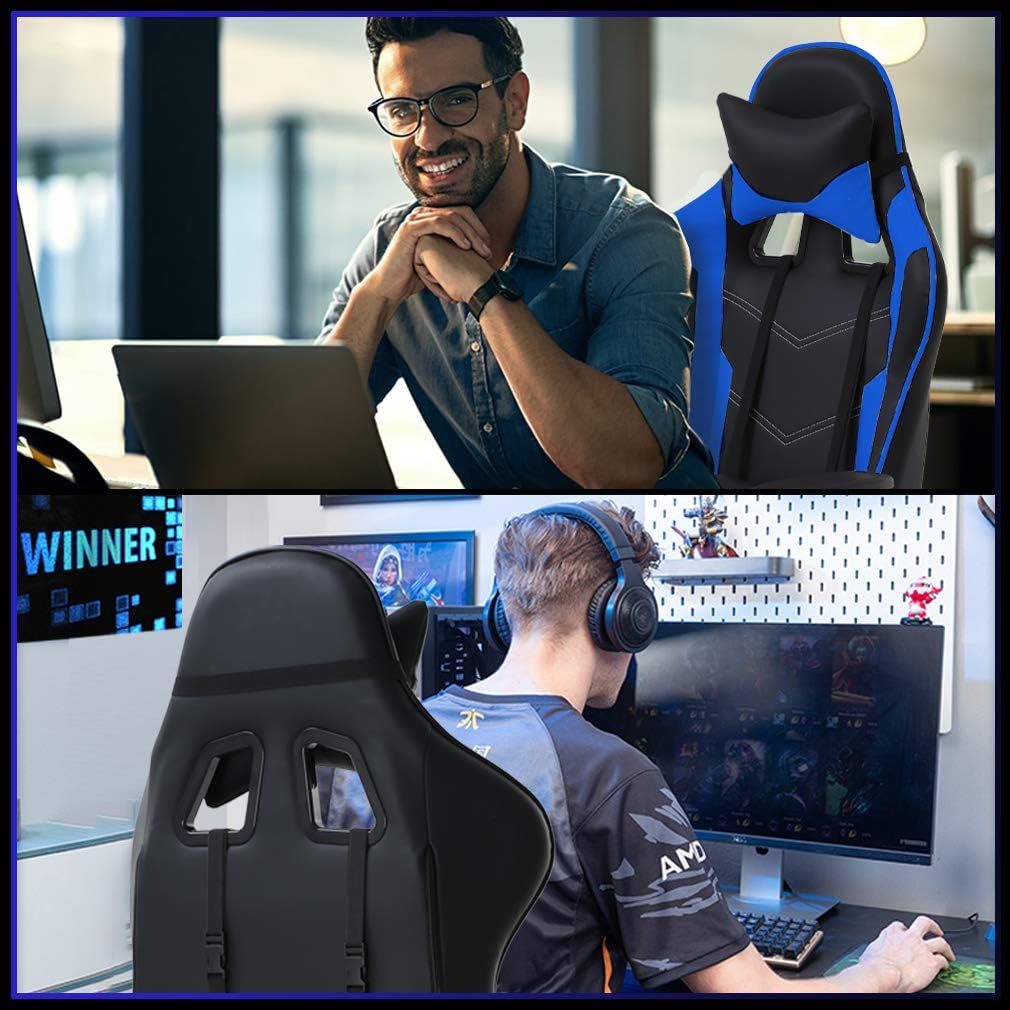 BestOffice | Ergonomic Gaming Chair | Blue | Reclining Computer Chair with Lumbar Support, Headrest Pillow, Adjustable Footrests | 360 Swivel with Heavy Duty Wheels | for Home & Office