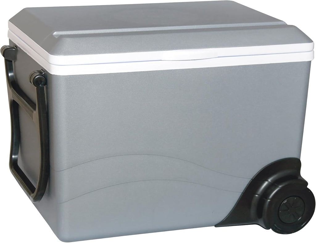 Koolatron Electric Portable Cooler Plug in 12V Car Cooler/Warmer 36 qt (34 L) w/Wheels, No Ice Thermo Electric Portable Fridge for Camping, Travel Road Trips with 12 Volt DC Power Cord, Gray/White.