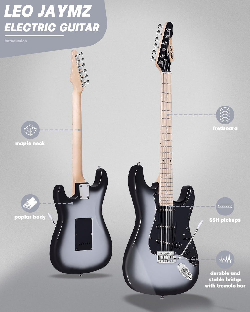 Leo Jaymz 39' Full Size ST Style Electric Guitar Starter Kit with SSS Pickups, 5W Portable Amp, Tuner, Gig Bag, Strap & Accessories(Silver Black 5W)