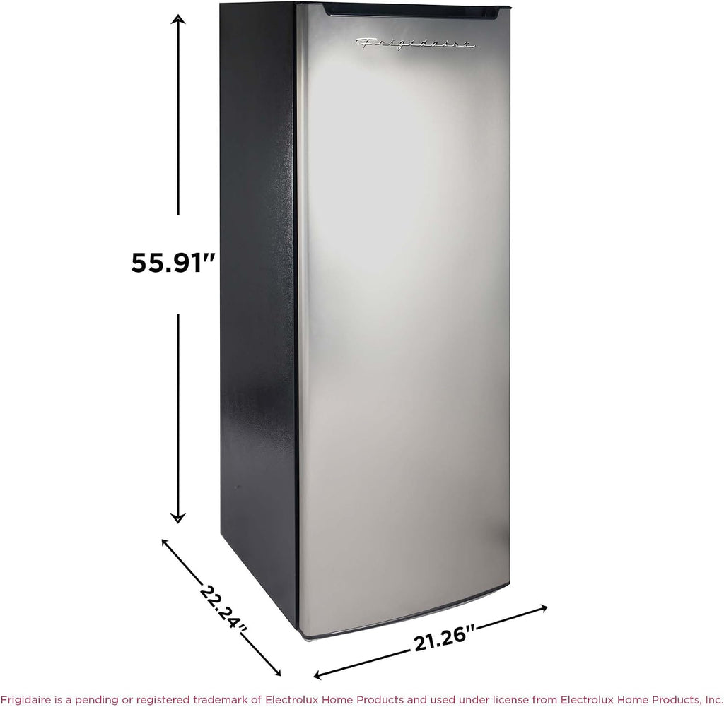 Frigidaire Upright Freezer, 6.5 cu. ft., Deep Freeze, Vinyl Coated Metal with Wire Shelving, Compact for Kitchen, RV, Dorm, Cabin, and Trailer, Platinum Design Series, Silver - 21D x 23W x 56H
