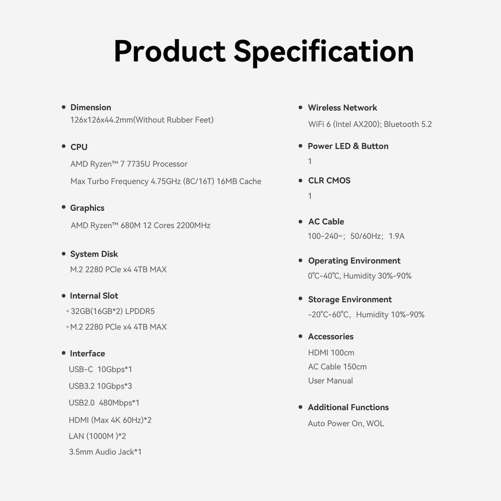 Beelink EQR7 Mini PC W11 Pro, AMD Ryzen 7 7735U (8C/16T up to 4.75 GHz), 16GB LPDDR5 500G PCle4.0x4 NVME SSD Graphics 12CUs 2200MHz, Built in PSU, 2*1000M LAN/ WiFi 6/ BT5.2/Dual Display Mini Computer