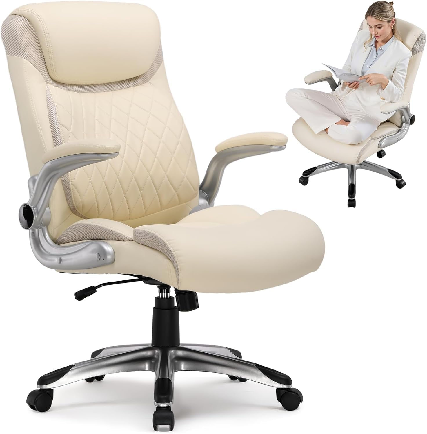 COMHOMA Big and Tall High Back Office Chair 400LBS Wide Leather Executive Chair Height Adjustable Lumbar Support & Armrests, Comfy Desk Gaming Chairs Computer Swivel Chair, Beige