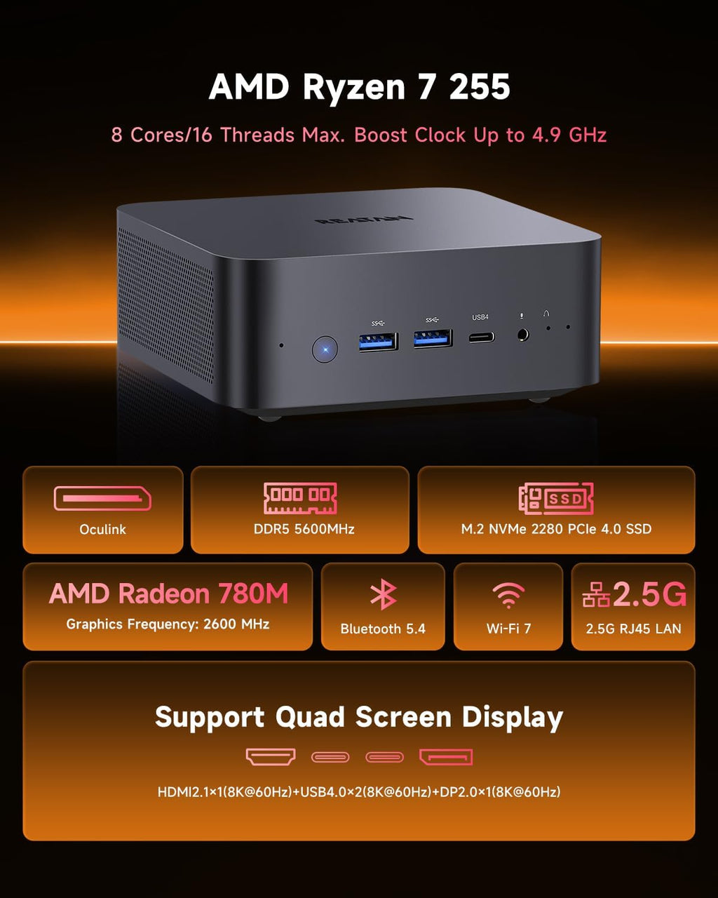Reatan X7 AI Oculink Gaming Mini PC AMD Ryzen 7 255(Upgraded 8745HS) 32GB DDR5 1TB PCIe4.0 SSD 5600MHz RAM, Desktop Mini Computers Radeon 780M Graphics, 2.5G LAN/HDMI 2.1/2 * 8K USB 4.0/Wi-Fi 7/BT5.4