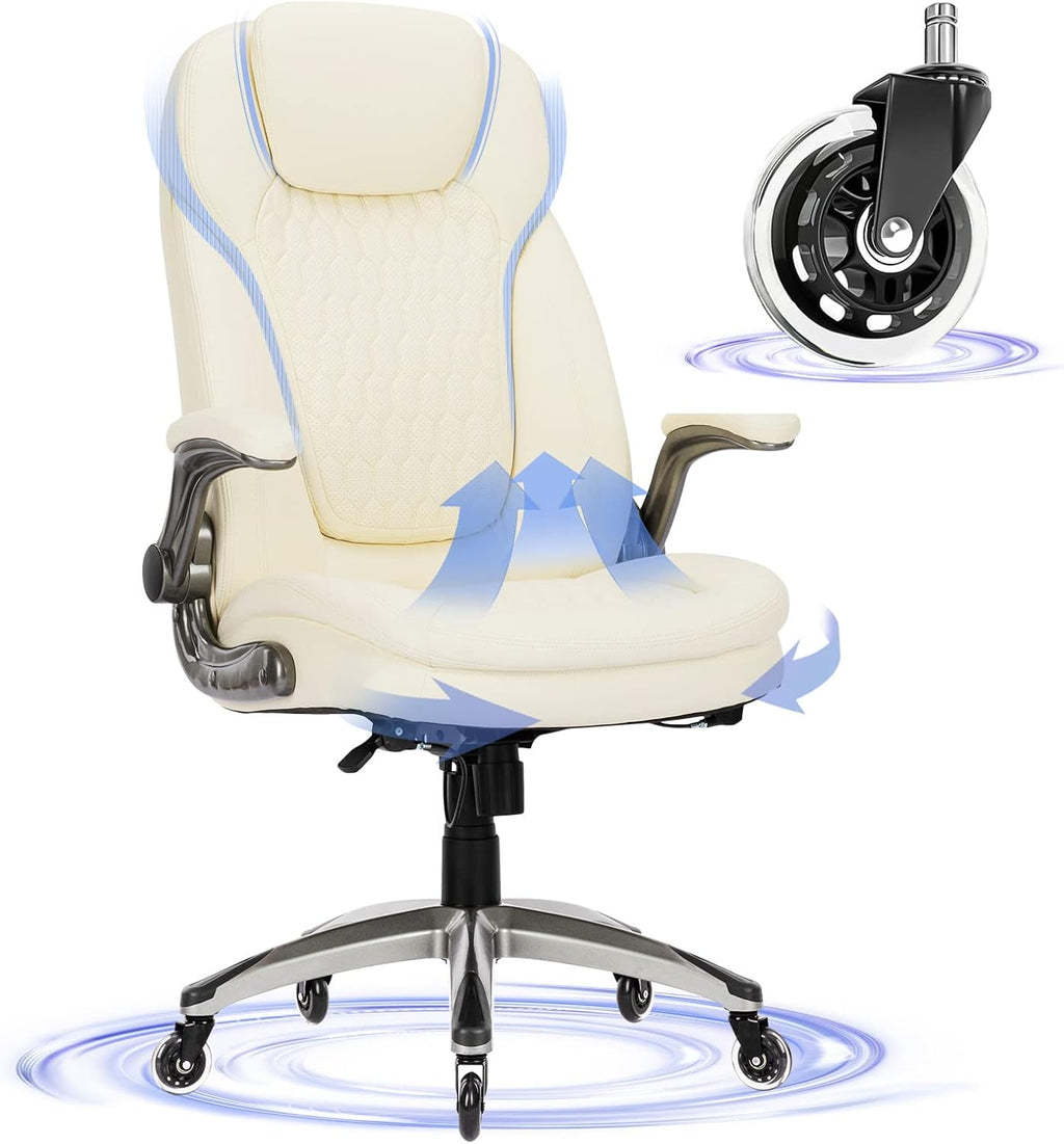 Executive Office Chair-Ergonomic Computer Desk Chair with Upgraded Caster for Swivel, High Back Office Chair with Padded Flip-up Arms,Leather Chair Thicken Seat for Comfort