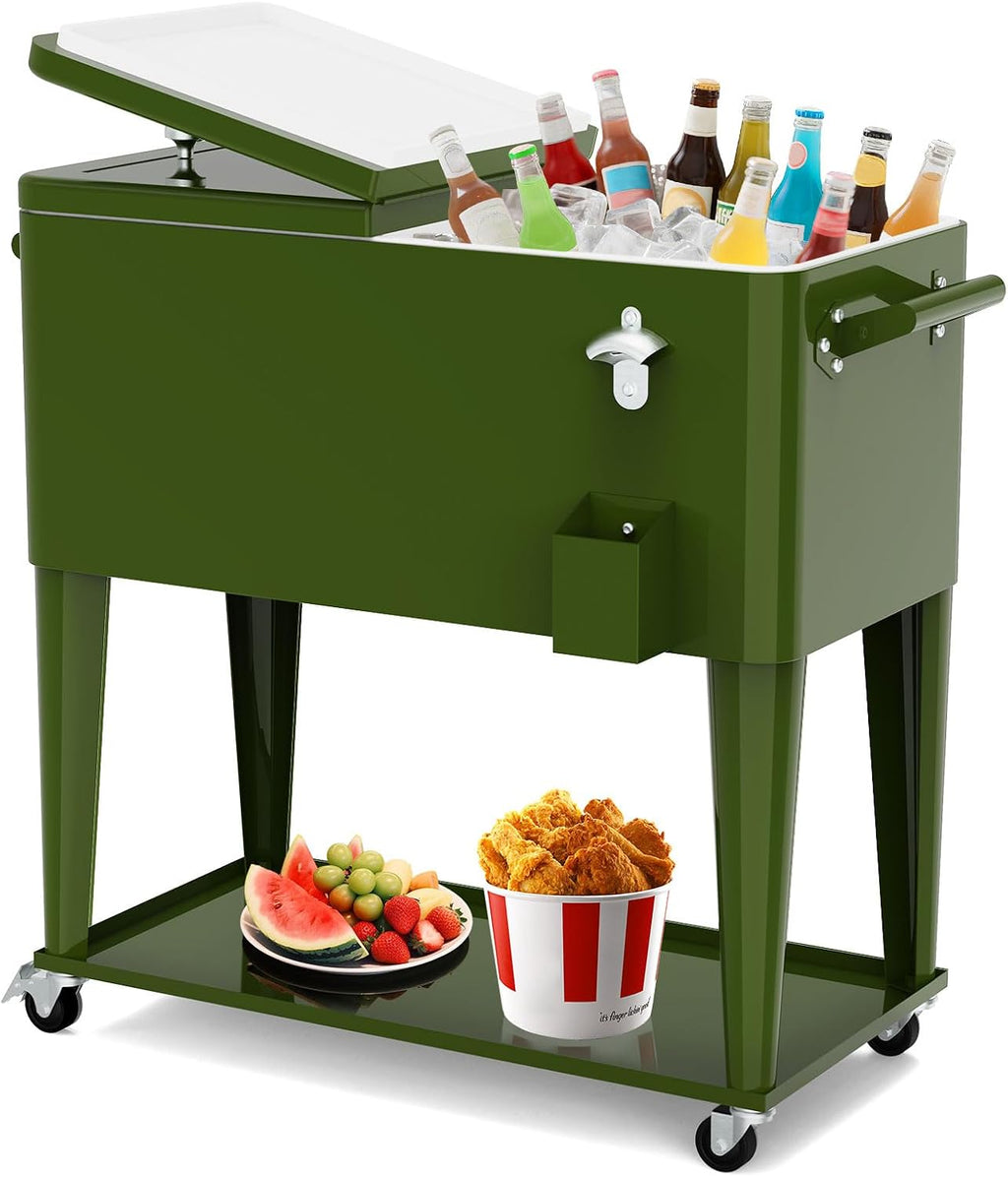 80 Quart Rolling Ice Chest Cart, Portable Outdoor Beverage Cooler with Bottle Opener & Cap Collector & Storage Shelf for Patio Party & BBQ & Beach Activities(Green)