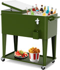 80 Quart Rolling Ice Chest Cart, Portable Outdoor Beverage Cooler with Bottle Opener & Cap Collector & Storage Shelf for Patio Party & BBQ & Beach Activities(Green)
