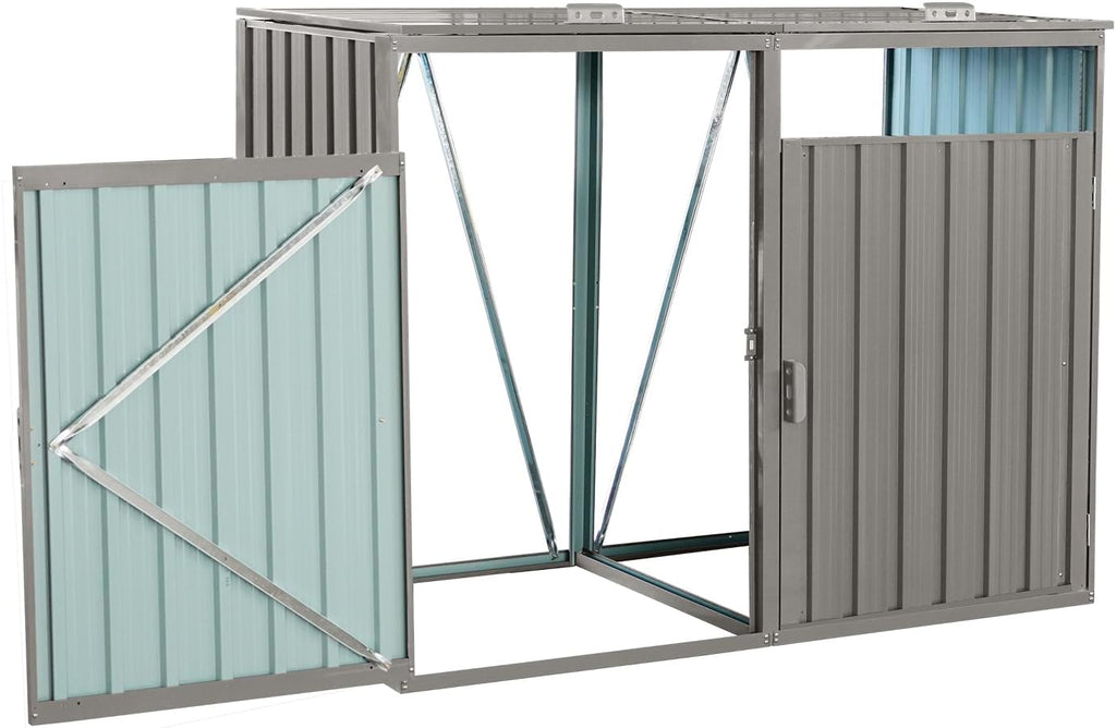 Outdoor Metal Garbage Bin Shed for 2 Trash Cans, Lockable Galvanized Steel Storage Enclosure, Weatherproof and Rust-Resistant Trash Can Cover for Garden, Yard, or Driveway, Grey