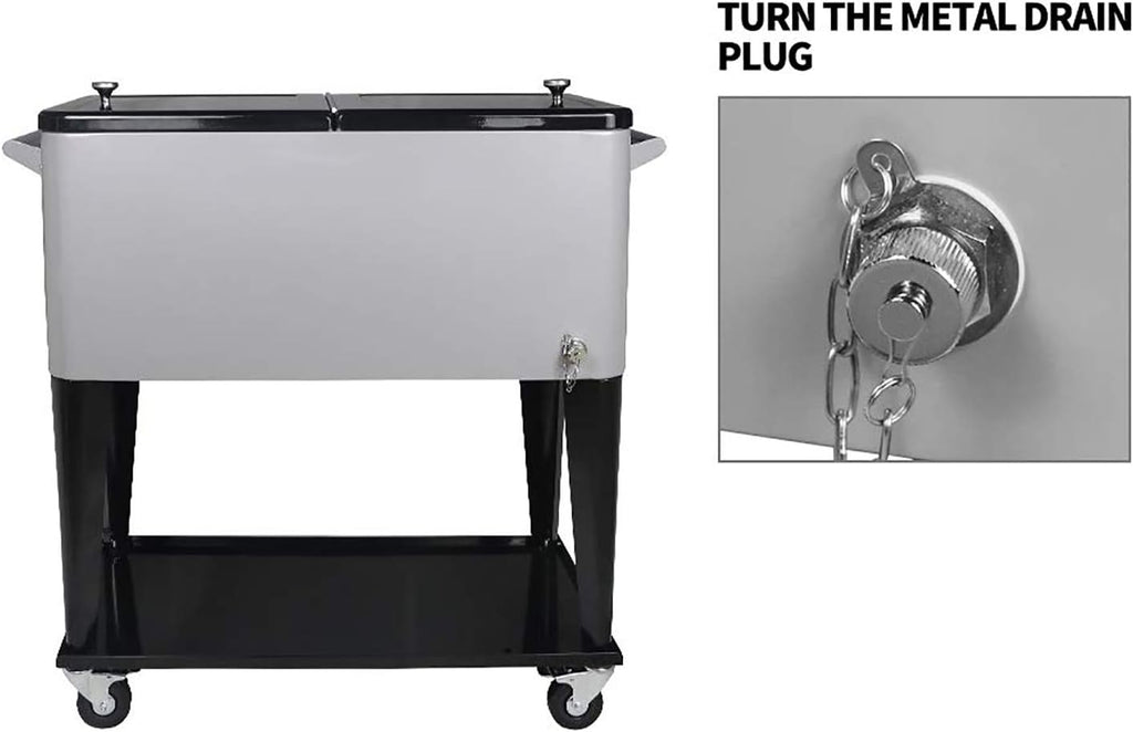 80 Quart Rolling Ice Chest Cooler Cart,for Outdoor Patio Deck Party Portable Party Bar Cold Drink Beverage Cart, Backyard Cooler Trolley on Wheels with Shelf, Bottle Opener