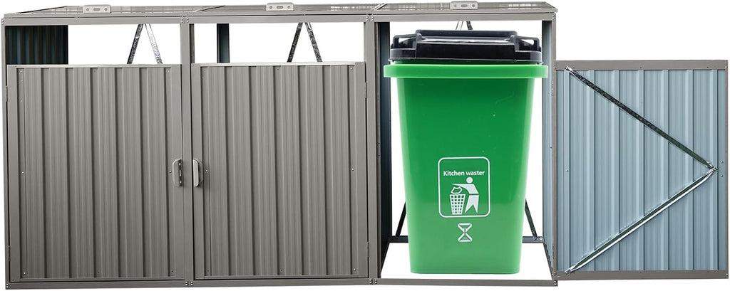 【LuckyNote】 Garbage Bin Shed Stores 3 Trash Cans Metal Outdoor Bin Shed for Garbage Storage,Stainless Galvanized Steel, Bin for Garden Yard Lawn,Grey