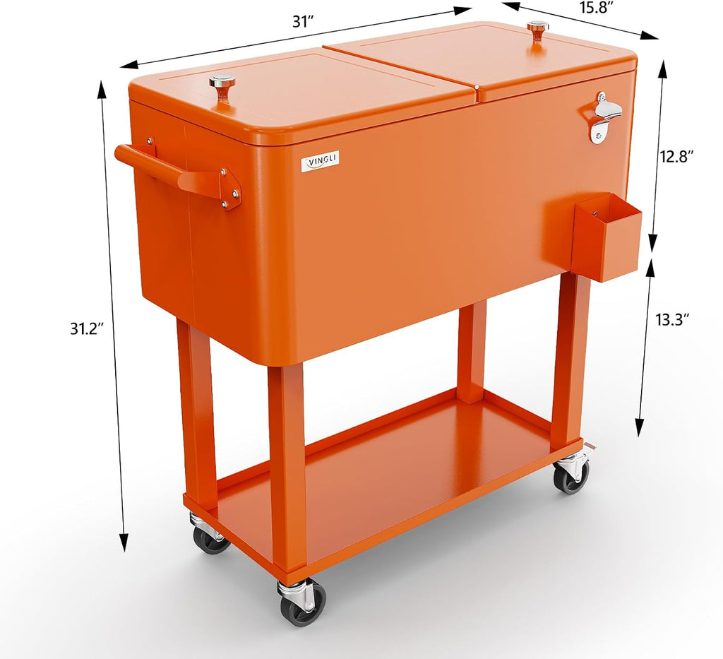VINGLI Rolling Ice Chest, Portable Patio Party Bar Drink Cooler Cart, with Shelf, Beverage Pool with Bottle Opener