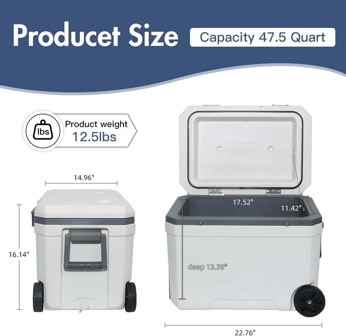 Ultra-Light Wheelded Cooler Insulated Portable Ice Chest 47.5 Quarts for Beach, Beverage, Camping, Beverage, Picnic, Fishing, Boat, Barbecue, 30% Lighter Than Romolded Coolers