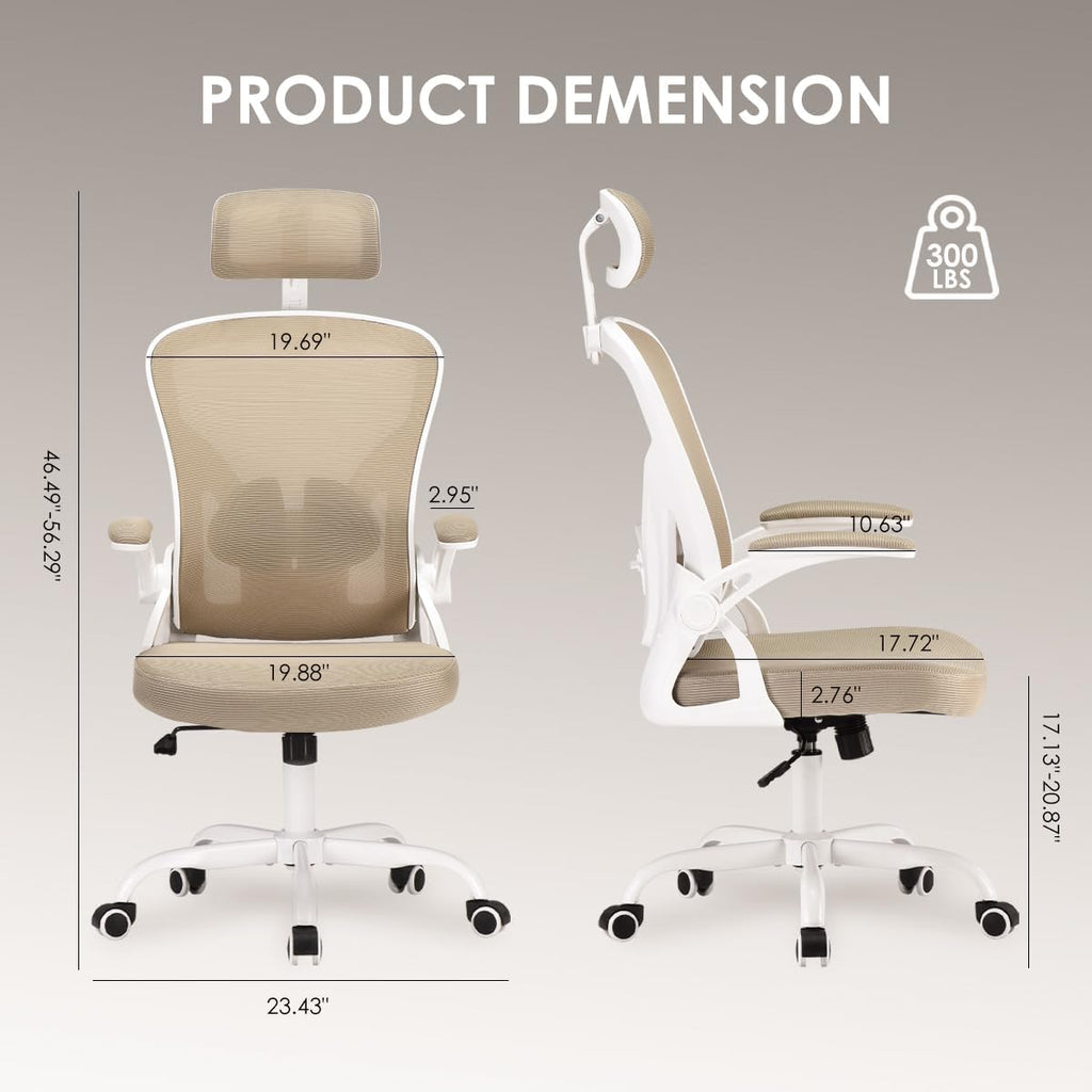 Farini Ergonomic Office Chair, Home Office Desk Chair with Headrest, High Back Swivel Computer Chair with Armrests and Adjustable Lumbar Support for Home Office Study Room, White & Khaki