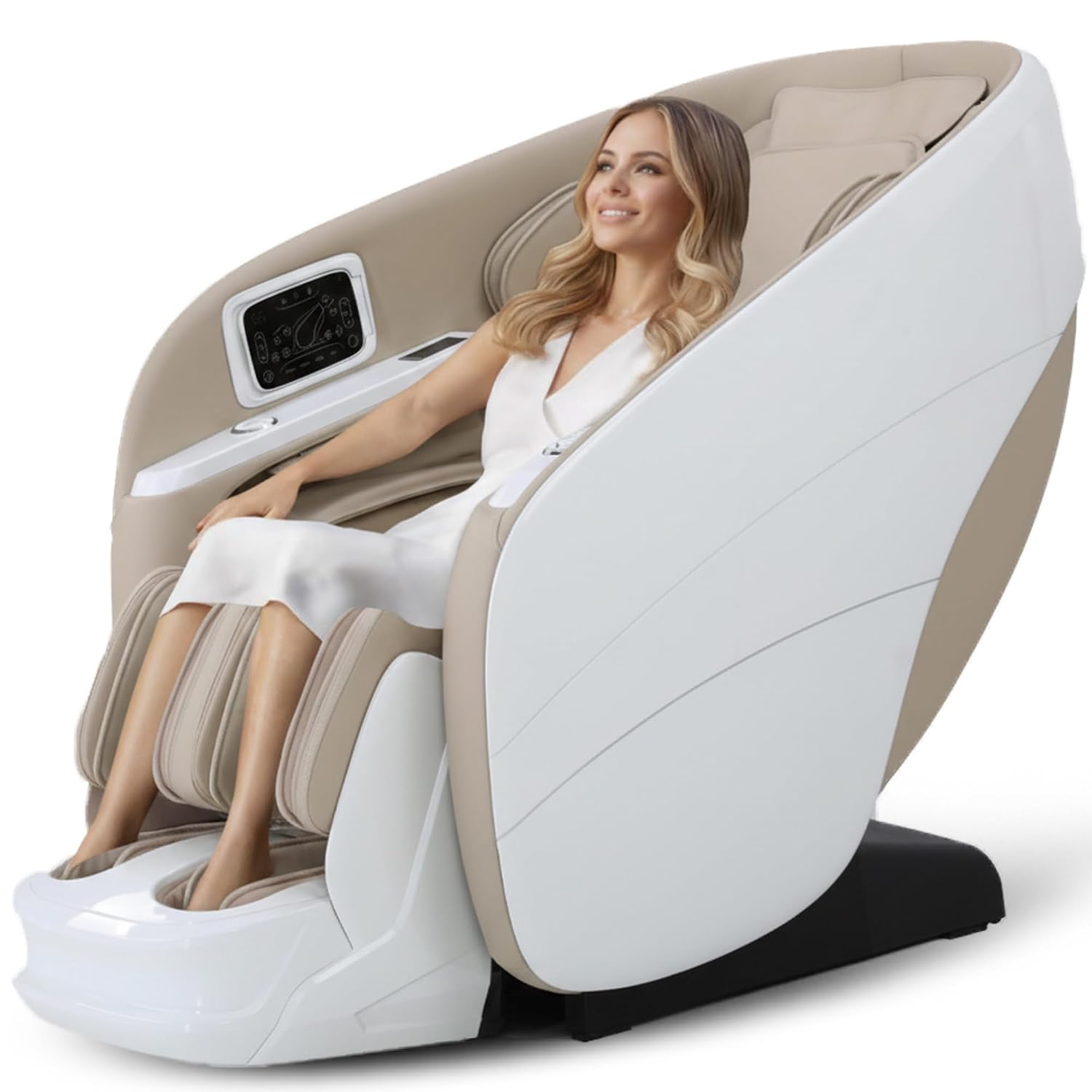 Massage Chair Full Body,4D Zero Gravity Massager Recliner with Touch Screen Controller, SL-Track Heating, Foot Massage, Auto Modes, Bluetooth Speaker, Beige