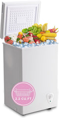 Chest Freezer 2.2 Cu.Ft Deep Freezer Adjustable Temperature 7 Thermostat and Energy Saving Removable Basket for Garage Basement Dorm Apartment Kitchen Business, White