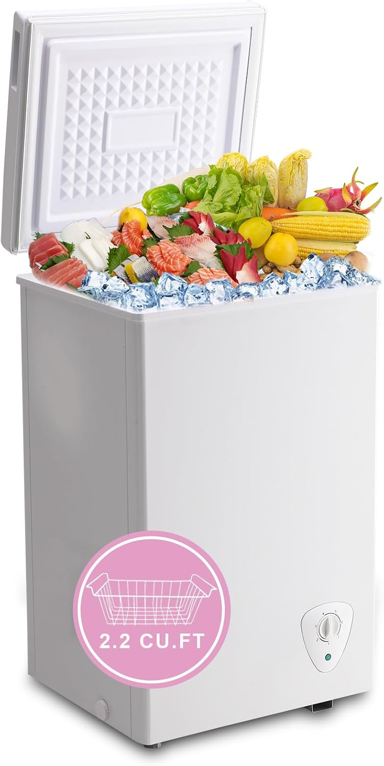 Chest Freezer 2.2 Cu.Ft Deep Freezer Adjustable Temperature 7 Thermostat and Energy Saving Removable Basket for Garage Basement Dorm Apartment Kitchen Business, White
