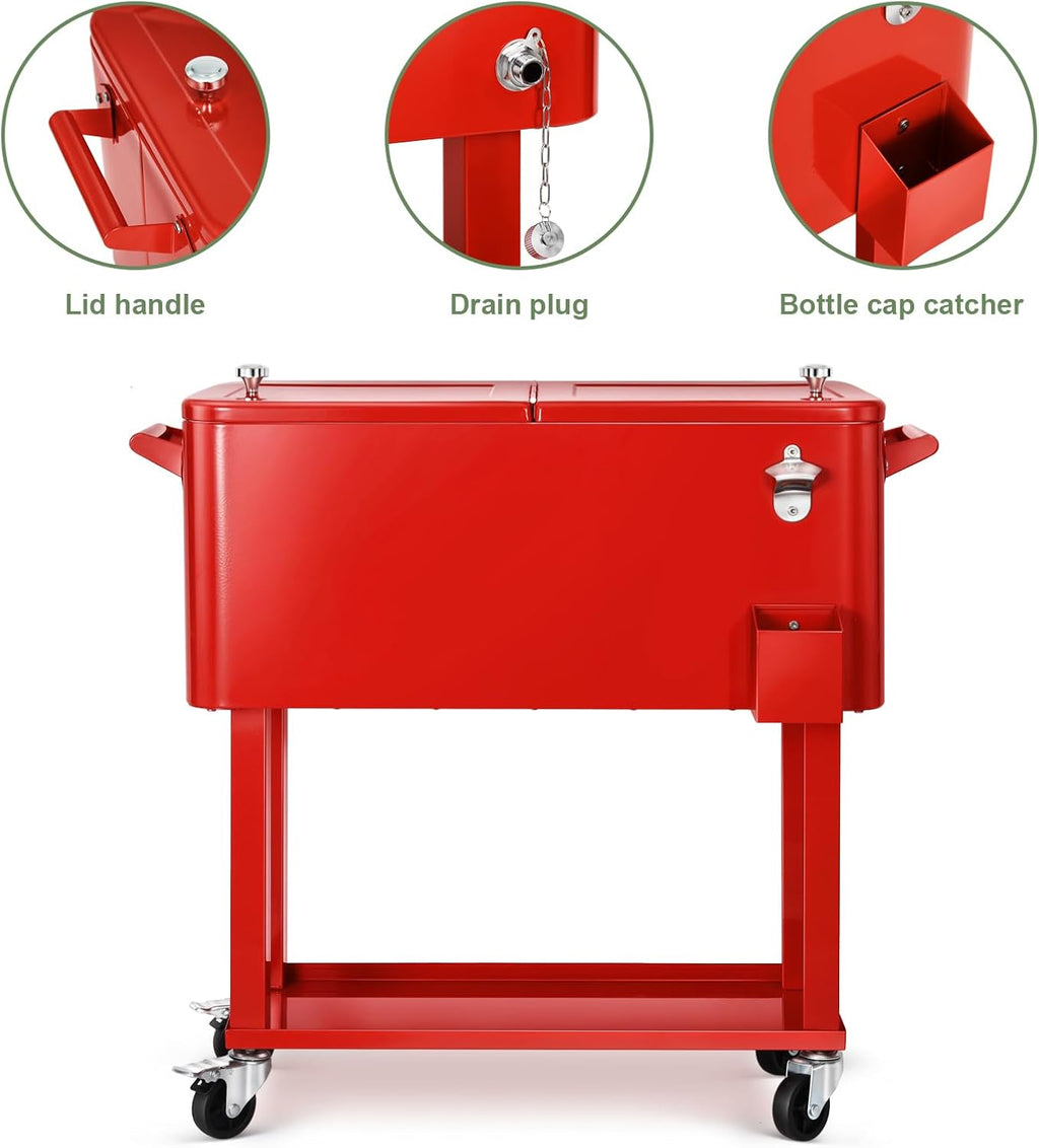 80 Quart Rolling Ice Chest Cooler Cart,Patio Backyard Party Drink Beverage Bar Stand Up Cooler Trolley with Ice Scoop