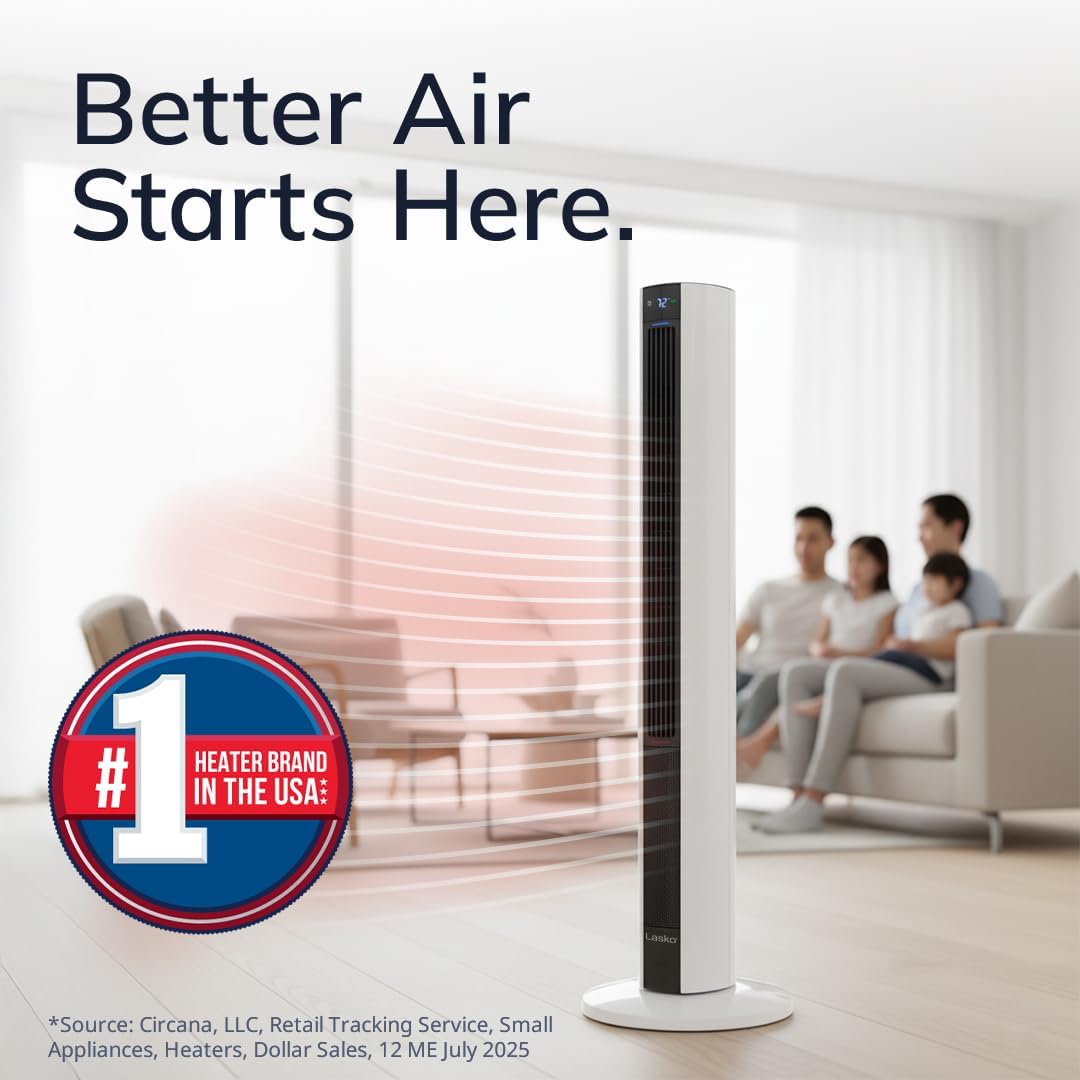 Lasko Oscillating All Season Tower Fan and Space Heater in One for Home with Adjustable Thermostat, Overheat Protection, 4 Fan Speeds, 3 Heat Settings and Remote, 42 Inches, 1500W, White, FH500