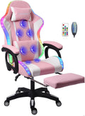 Ergonomic Gaming Chair with Footrest and Lumbar Support, Video Gaming Chair with Speaker and LED Light, Gaming Chair with Full Massage Function, 90°-135° Tilting Computer Chair.,Pink
