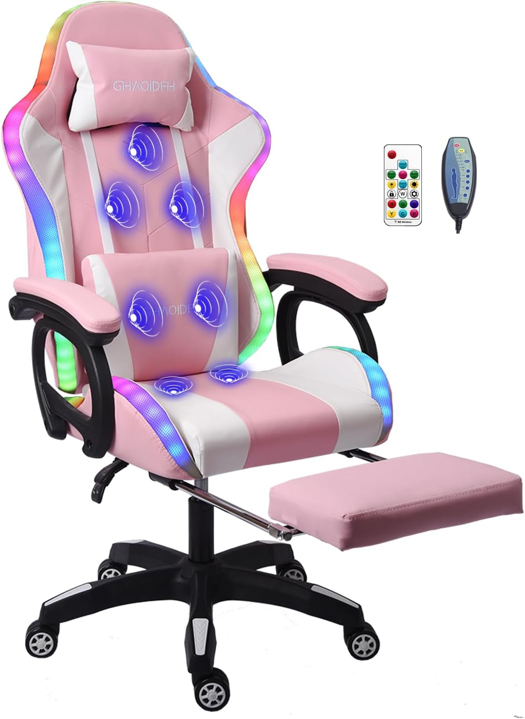 Ergonomic Gaming Chair with Footrest and Lumbar Support, Video Gaming Chair with Speaker and LED Light, Gaming Chair with Full Massage Function, 90°-135° Tilting Computer Chair.,Pink