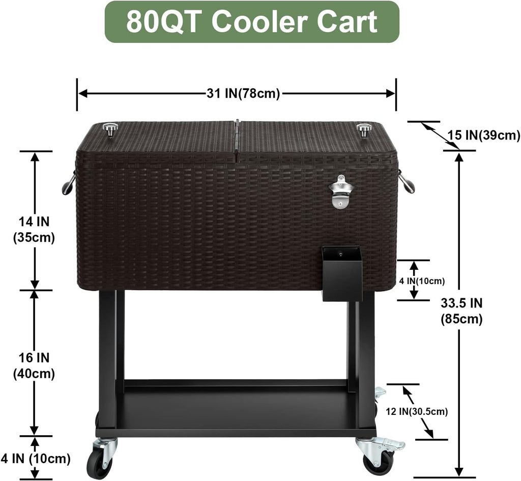 80 Quart Rolling Ice Chest Cooler Cart,Patio Backyard Party Drink Beverage Bar Stand Up Cooler Trolley with Ice Scoop