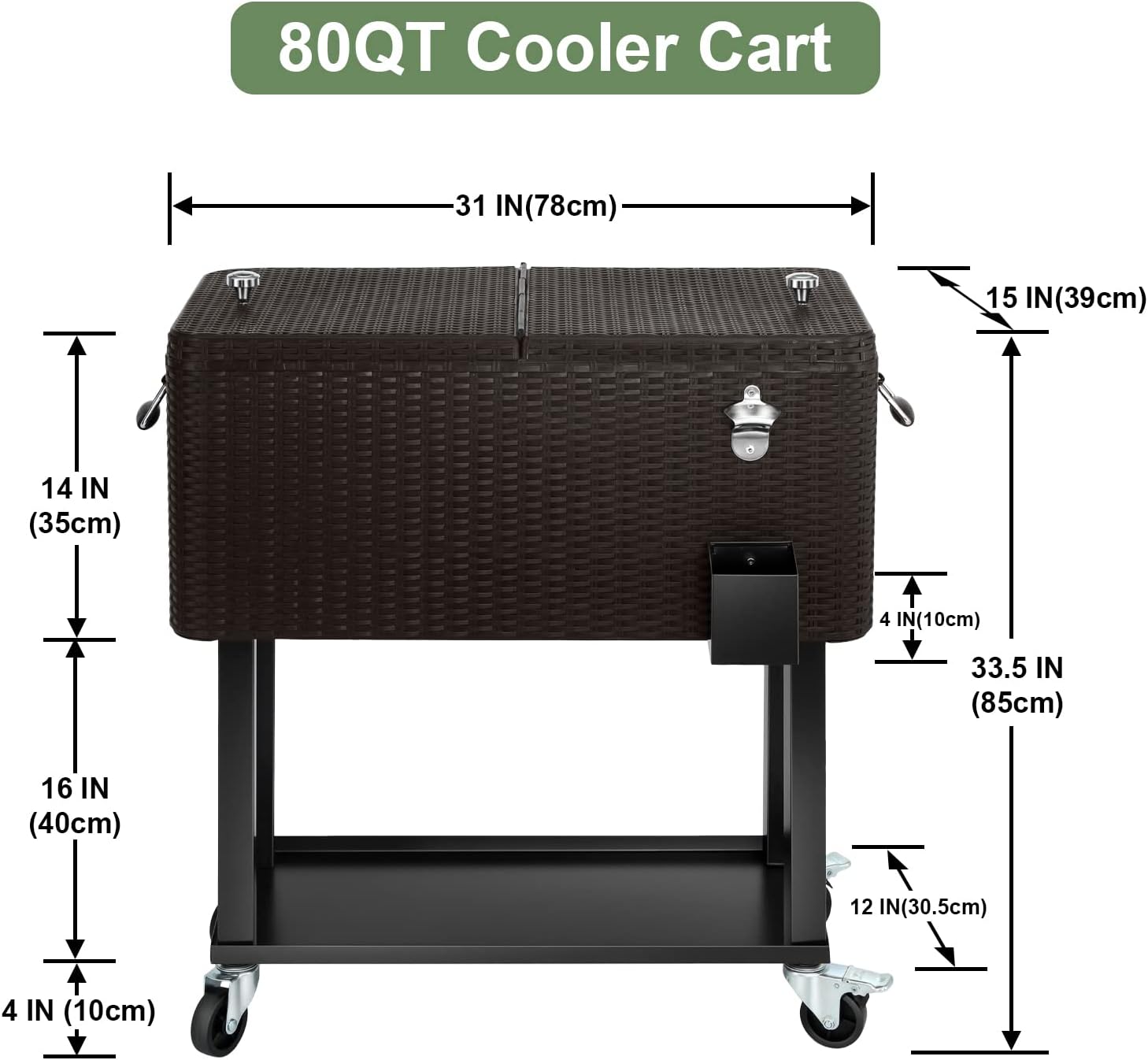 80 Quart Rolling Ice Chest Cooler Cart,Patio Backyard Party Drink Beverage Bar Stand Up Cooler Trolley with Ice Scoop
