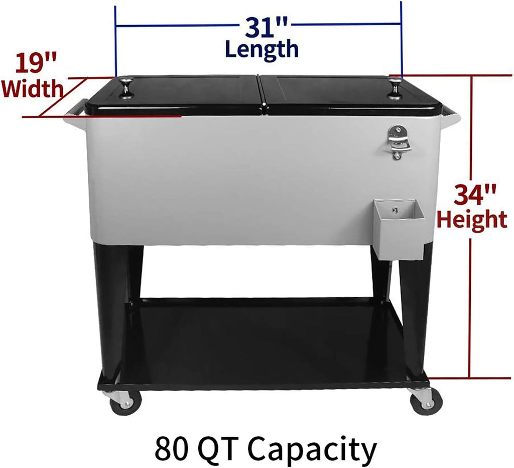 80 Quart Rolling Ice Chest Cooler Cart,for Outdoor Patio Deck Party Portable Party Bar Cold Drink Beverage Cart, Backyard Cooler Trolley on Wheels with Shelf, Bottle Opener