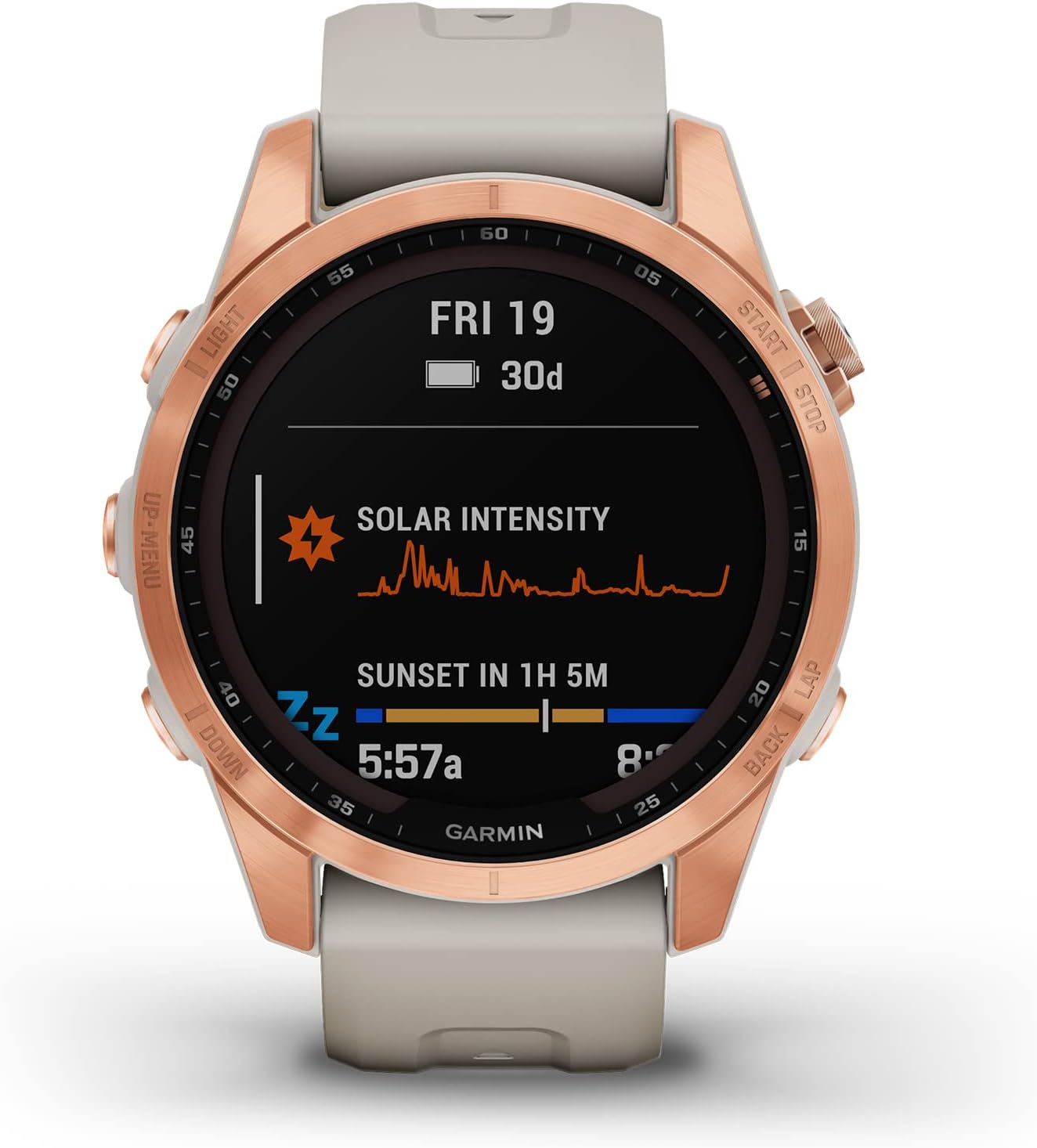 Garmin Fenix 7S Solar, Smaller Sized Adventure smartwatch, with Solar Charging Capabilities, Rugged Outdoor Watch with GPS, Touchscreen, Health and Wellness Features, Rose Gold with Light Sand Band