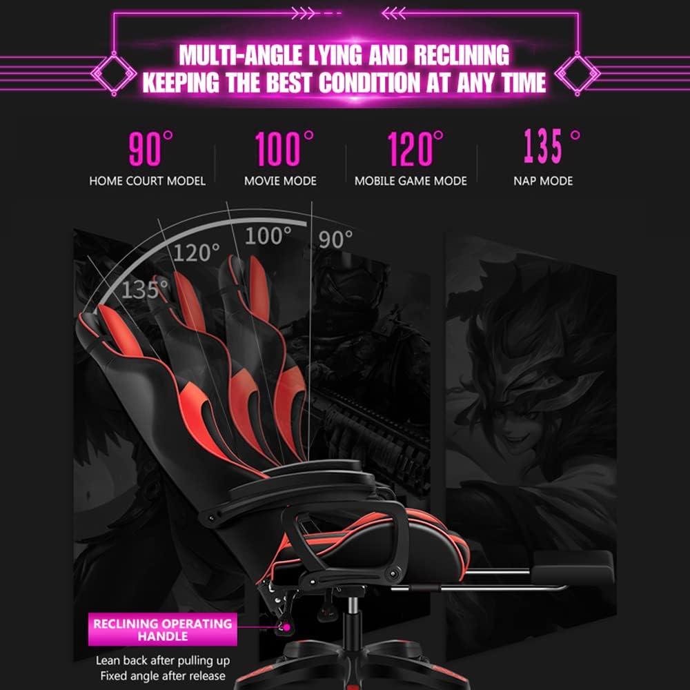 Video Game Chair for Adults Ergonomic Reclining Chair with Retractable Footrest Massage Gaming Chair with Speakers and LED Lights PU Leather High Back Computer Chair,Pink