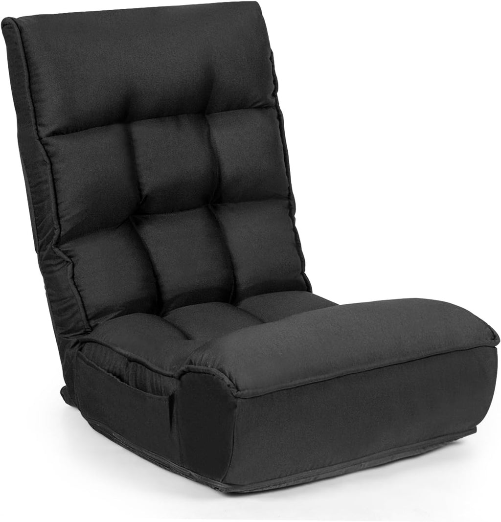 KOMFOTT Folding Floor Chair for Adults, Floor Gaming Chair with 5-Position Adjustable Headrest & 4-Position Adjustable Backrest, Side Pocket, Floor Seating Lazy Sofa for Reading, Meditating, Black