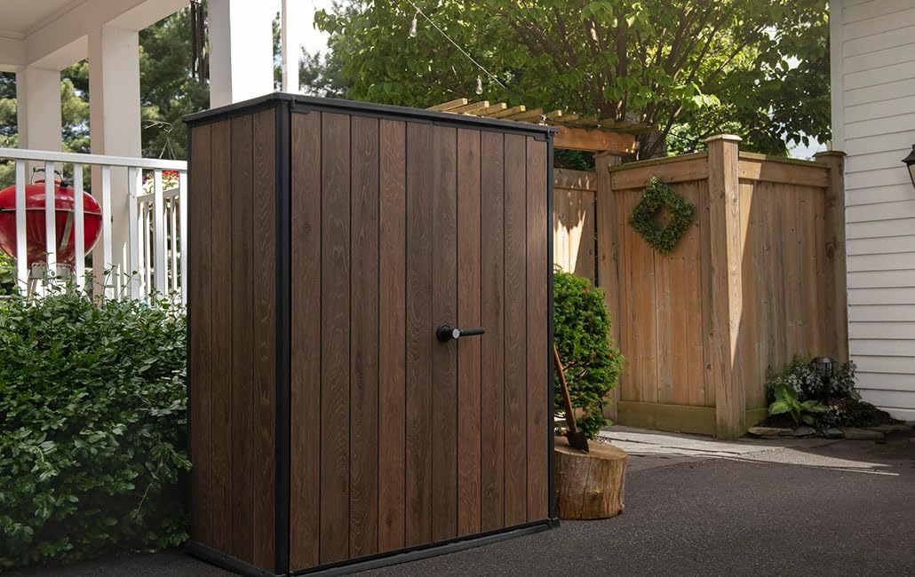 Keter Signature Weatherproof Plastic Garden Cabinet with Metal Reinforcement 1400 Litre Storage Space Lockable Walnut Wood Design